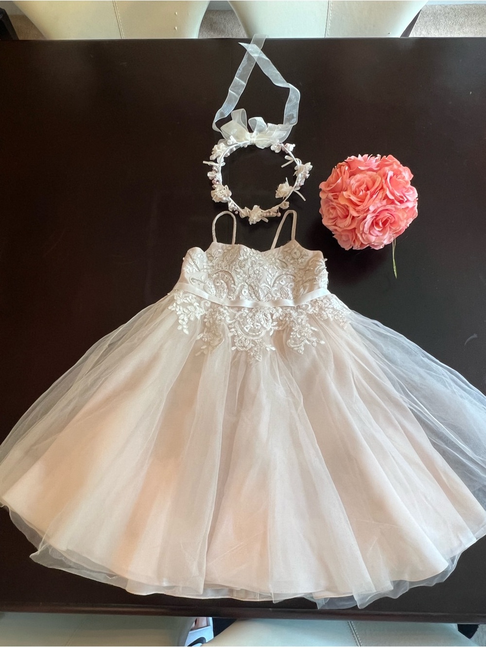 David's Bridal Ivory Tulle Flower Girl Dress with Floral Headband